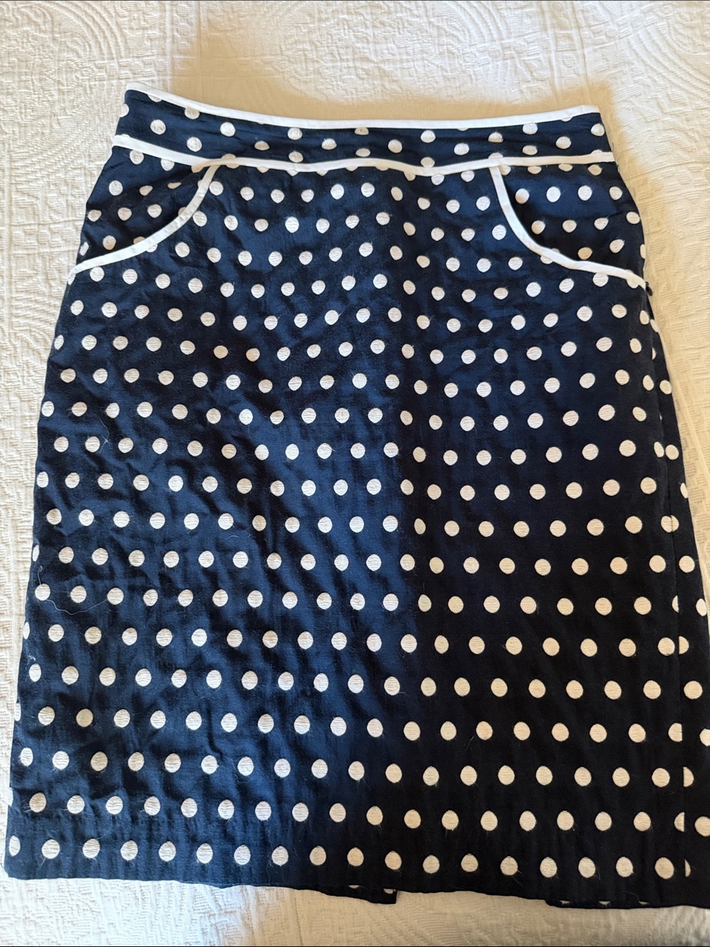 Polka Dot Navy Pencil Skirt with White Piping
